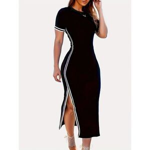 PHILLY'S TREASURE WOMEN BLACK SOLID COLOR ROUND NECK SHORT SLEEVE SPLIT DRESS